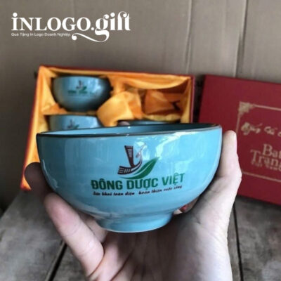 Bộ 6 bát cơm in logo màu xanh lam họa tiết hoa mai trắng