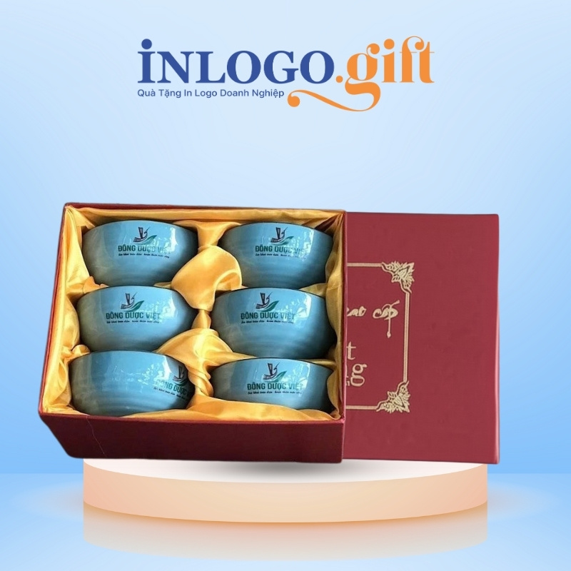 Bộ 6 bát cơm in logo màu xanh lam họa tiết hoa mai trắng