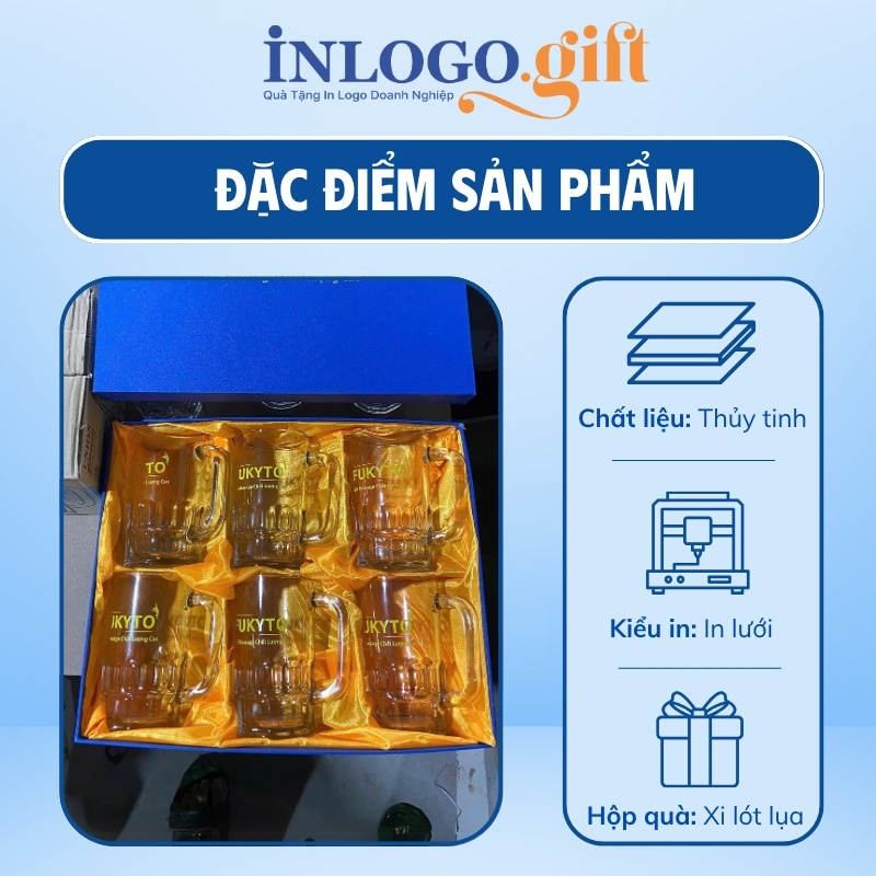 Bộ 6 cốc thủy tinh in logo thương hiệu UG999 dáng trụ cao quai vuông 385ml