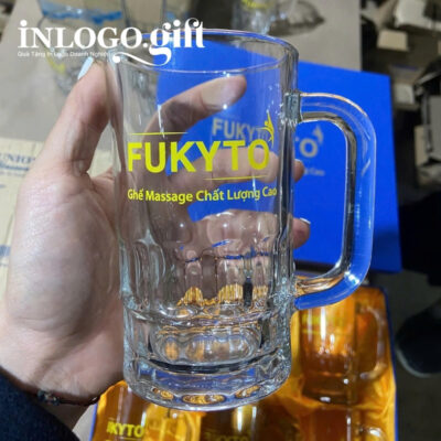 Bộ 6 cốc thủy tinh in logo thương hiệu UG999 dáng trụ cao quai vuông 385ml