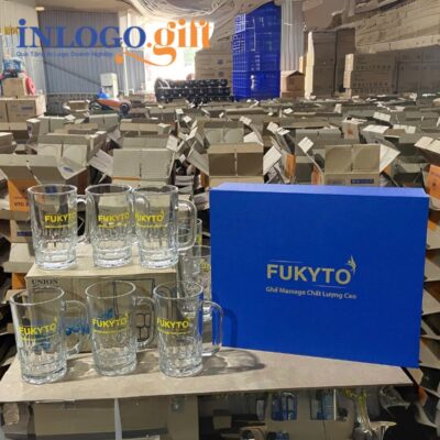 Bộ 6 cốc thủy tinh in logo thương hiệu UG999 dáng trụ cao quai vuông 385ml