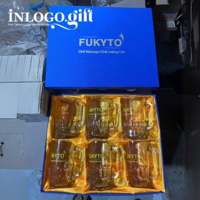 Bộ 6 cốc thủy tinh in logo thương hiệu UG999 dáng trụ cao quai vuông 385ml