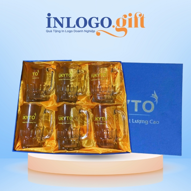 Bộ 6 cốc thủy tinh in logo thương hiệu UG999 dáng trụ cao quai vuông 385ml