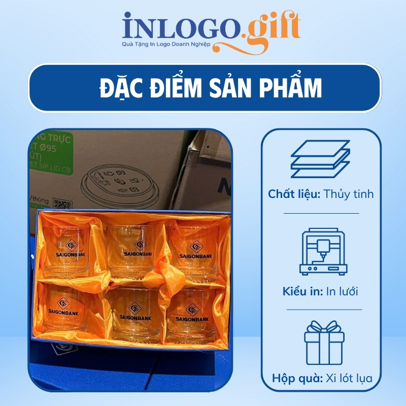 Bộ 6 cốc thủy tinh in logo thương hiệu Việt Tiệp đáy xoáy 200ml