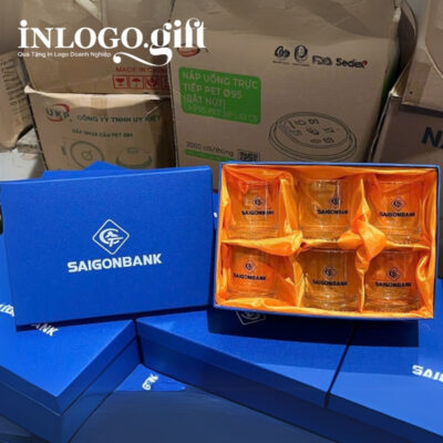 Bộ 6 cốc thủy tinh in logo thương hiệu Việt Tiệp đáy xoáy 200ml