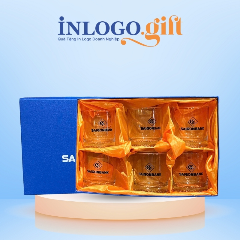 Bộ 6 cốc thủy tinh in logo thương hiệu Việt Tiệp đáy xoáy 200ml