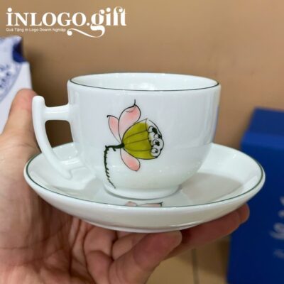 Bộ ấm chén in logo dáng bưởi cành họa tiết hoa sen hồng 500ml AC-14