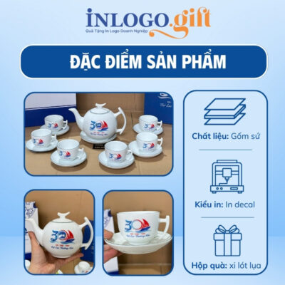 Bộ ấm chén in logo dáng bưởi cành họa tiết hoa sen hồng 500ml AC-14