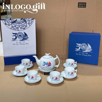 Bộ ấm chén in logo dáng bưởi cành họa tiết hoa sen hồng 500ml AC-14
