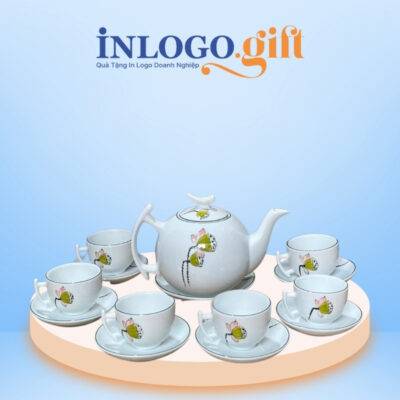 Bộ ấm chén in logo dáng bưởi cành họa tiết hoa sen hồng 500ml AC-14