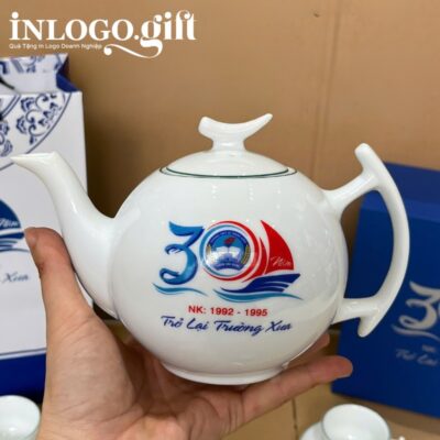 Bộ ấm chén in logo dáng bưởi cành họa tiết hoa sen hồng 500ml AC-14