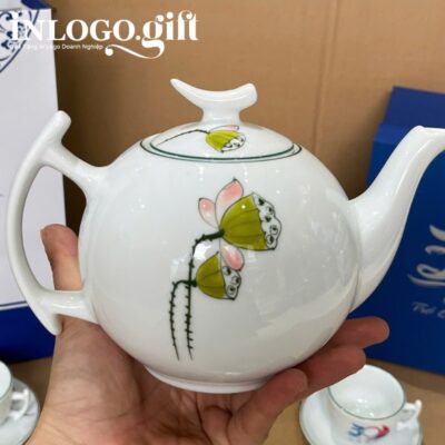 Bộ ấm chén in logo dáng bưởi cành họa tiết hoa sen hồng 500ml AC-14