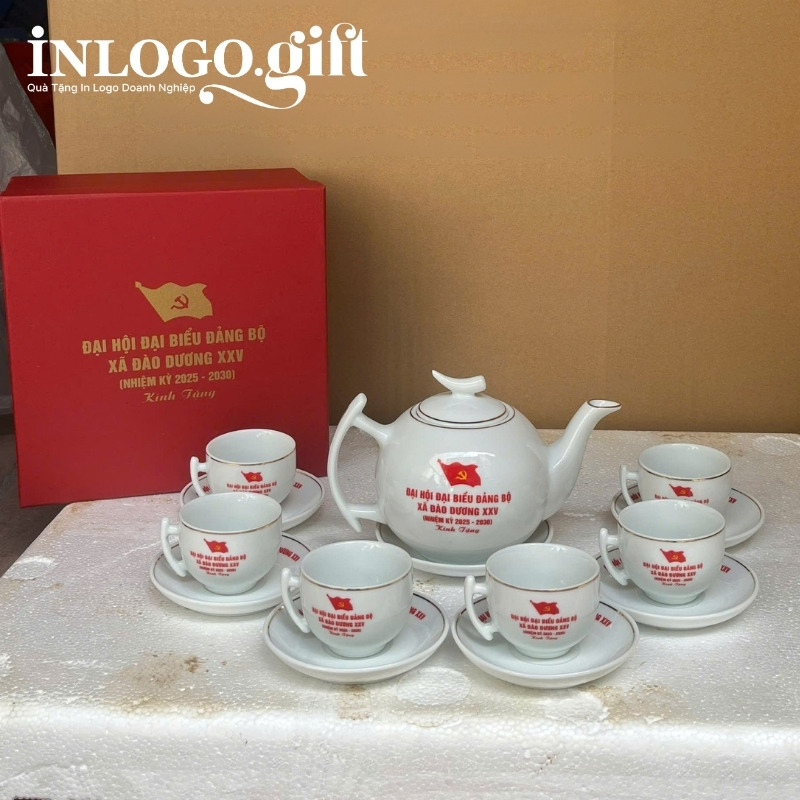 Bộ ấm chén in logo dáng bưởi cành màu trắng AC-18