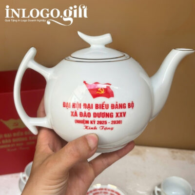 Bộ ấm chén in logo dáng bưởi cành màu trắng AC-18