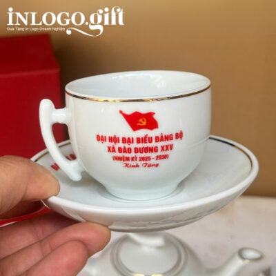 Bộ ấm chén in logo dáng bưởi cành màu trắng AC-18