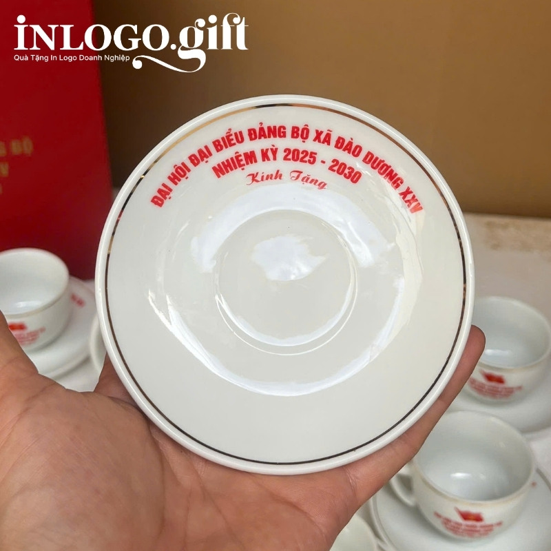 Bộ ấm chén in logo dáng bưởi cành màu trắng AC-18