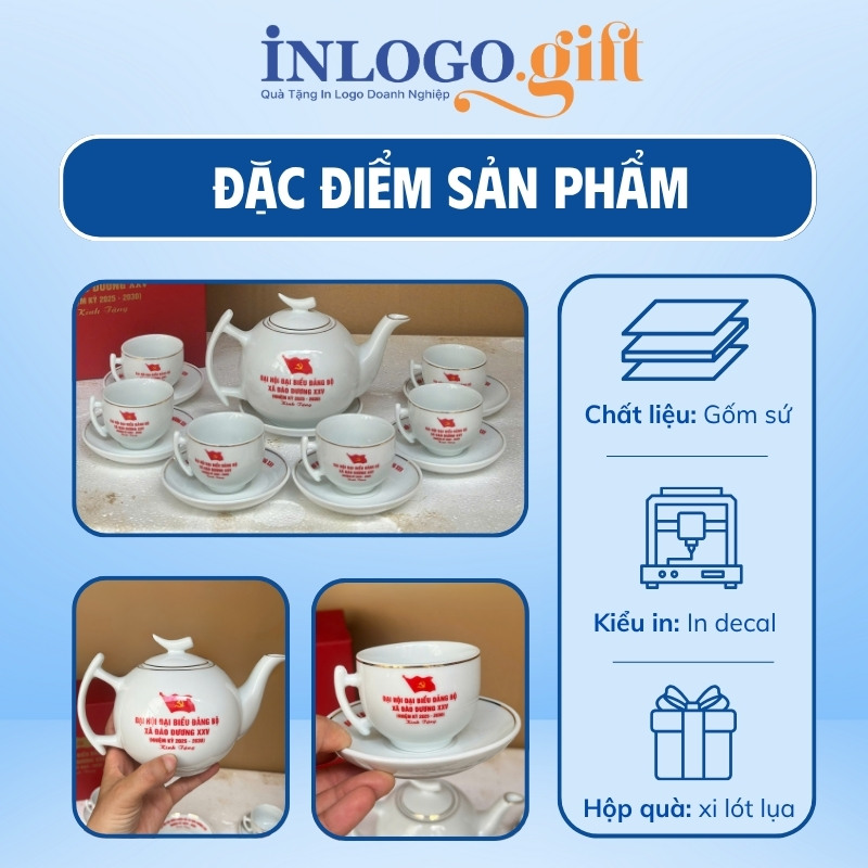Bộ ấm chén in logo dáng bưởi cành màu trắng AC-18