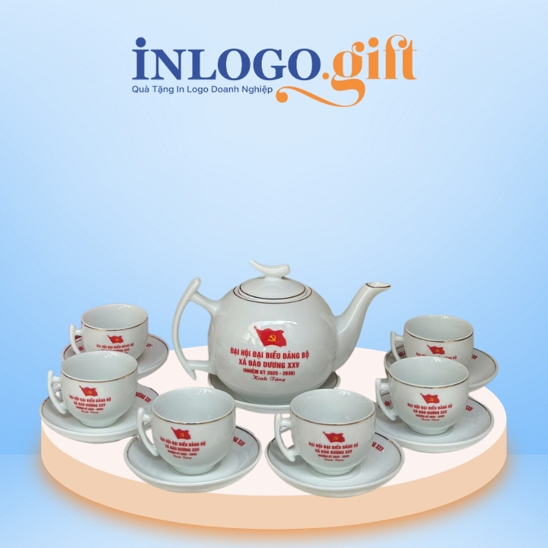 Bộ ấm chén in logo dáng bưởi cành màu trắng AC-18
