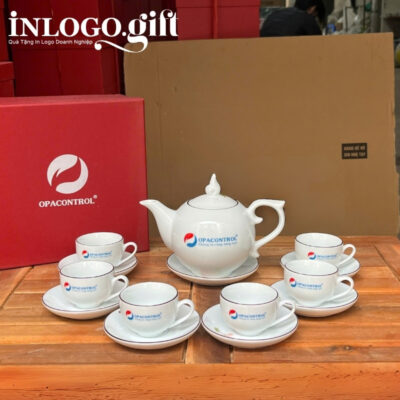 Bộ ấm chén in logo dáng bưởi lửa họa tiết hoa mai đỏ 650ml AC-06