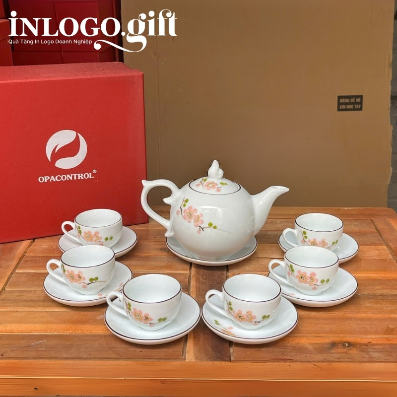 Bộ ấm chén in logo dáng bưởi lửa họa tiết hoa mai đỏ 650ml AC-06