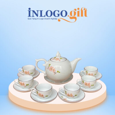 Bộ ấm chén in logo dáng bưởi lửa họa tiết hoa mai đỏ 650ml AC-06