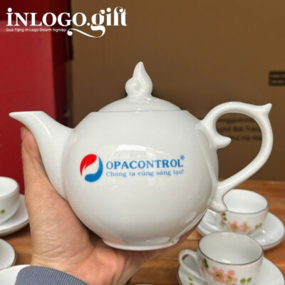 Bộ ấm chén in logo dáng bưởi lửa họa tiết hoa mai đỏ 650ml AC-06