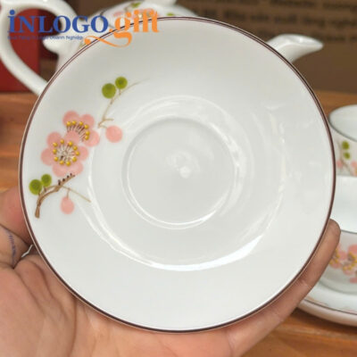 Bộ ấm chén in logo dáng bưởi lửa họa tiết hoa mai đỏ 650ml AC-06