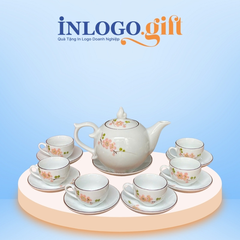 Bộ ấm chén in logo dáng bưởi lửa họa tiết hoa mai đỏ 650ml AC-06