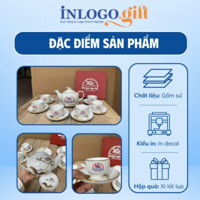 Bộ ấm chén in logo dáng công phượng họa tiết hoa sen viền vàng kim 500ml