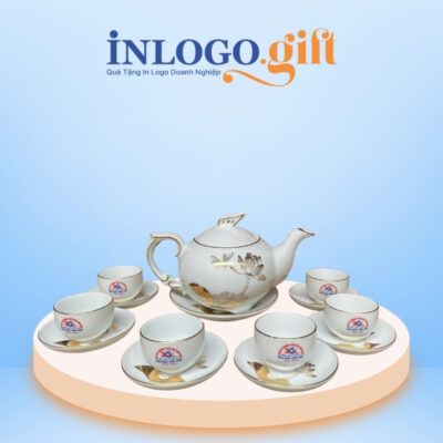 Bộ ấm chén in logo dáng công phượng họa tiết hoa sen viền vàng kim 500ml
