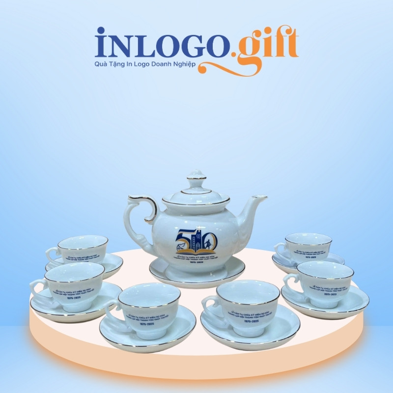 Bộ ấm chén in logo dáng thần đèn màu trắng 650ml AC-13