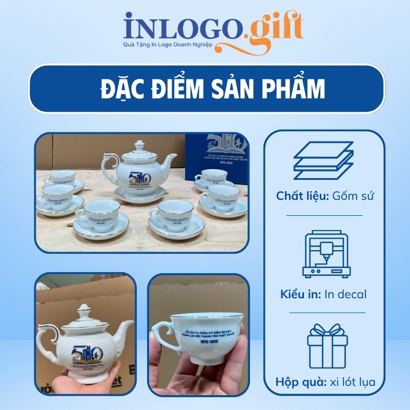 Bộ ấm chén in logo dáng thần đèn màu trắng 650ml AC-13