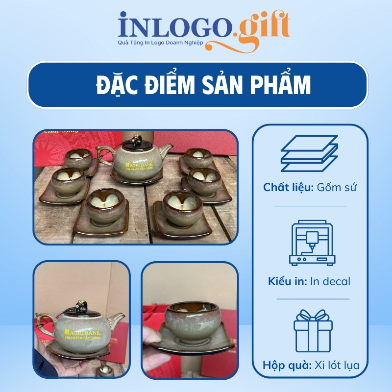 Bộ ấm chén in logo hỏa biến quai rồng hoa nở lòng chén 350ml