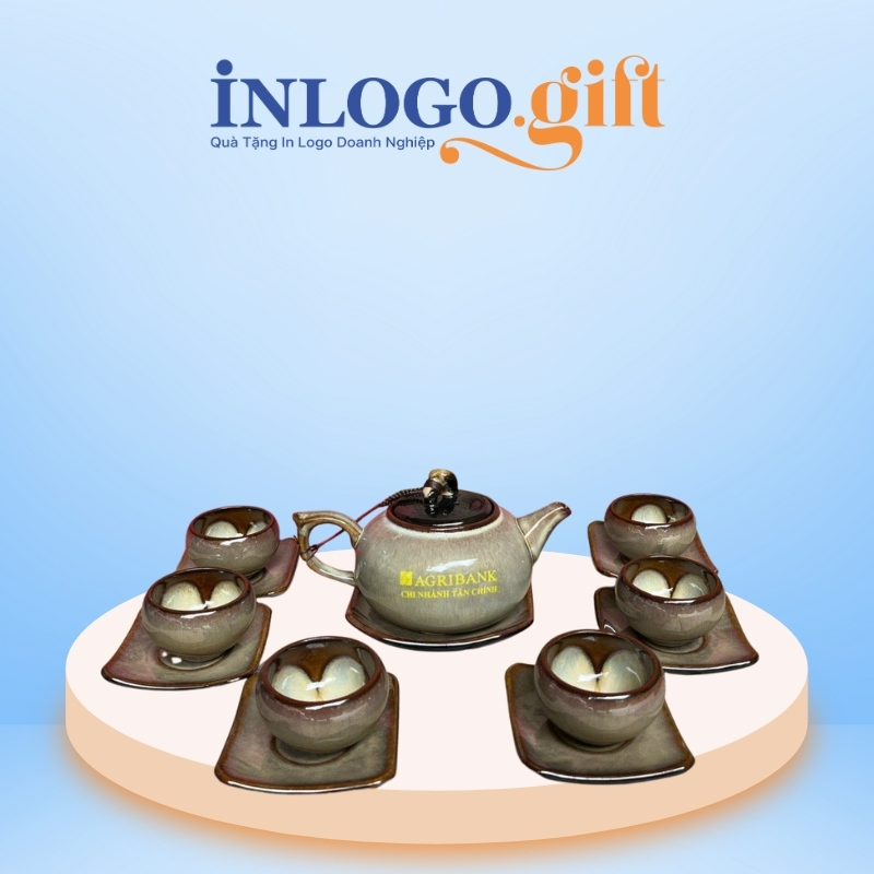 Bộ ấm chén in logo hỏa biến quai rồng hoa nở lòng chén 350ml