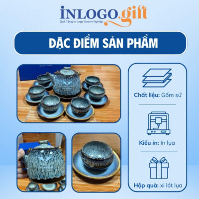 Bộ ấm chén in logo men hỏa biến màu xanh AC-16