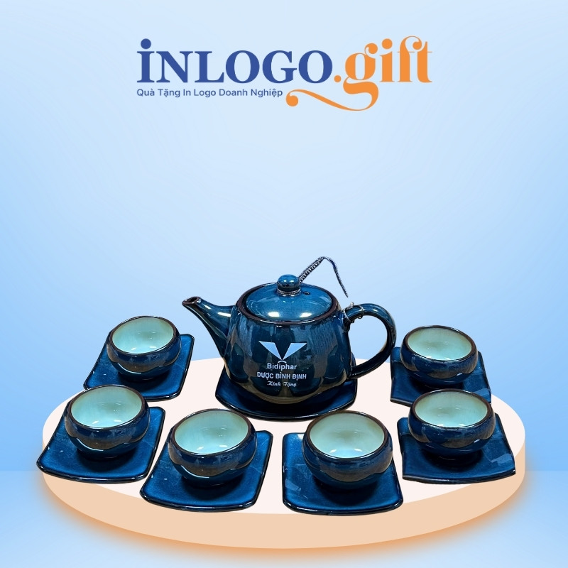 Bộ ấm chén in logo men hỏa biến màu xanh dương AC-17