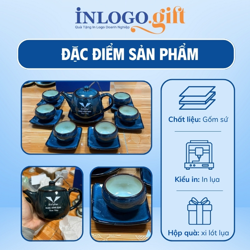 Bộ ấm chén in logo men hỏa biến màu xanh dương AC-17