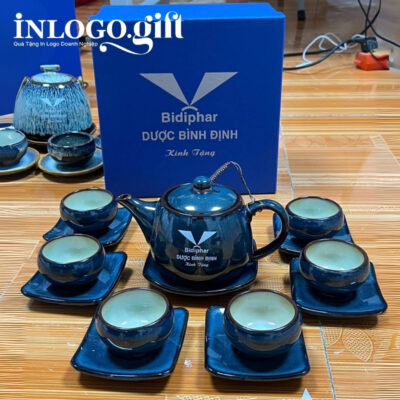 Bộ ấm chén in logo men hỏa biến màu xanh dương AC-17