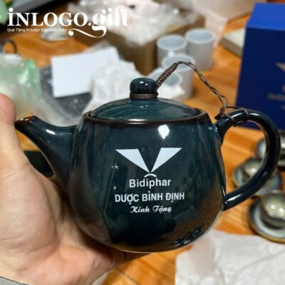Bộ ấm chén in logo men hỏa biến màu xanh dương AC-17