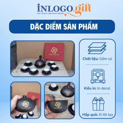 Bộ ấm chén in logo tử sa dáng bầu tròn quai chuôi màu nâu đất
