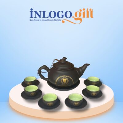 Bộ ấm chén in logo tử sa màu nâu đất dáng trúc đào 200ml