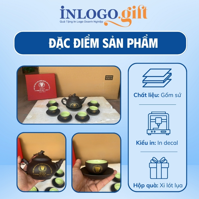 Bộ ấm chén in logo tử sa màu nâu đất dáng trúc đào 200ml