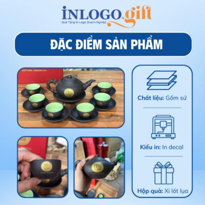 Bộ ấm chén in logo tử sa màu nâu đất dáng trúc đào 300ml