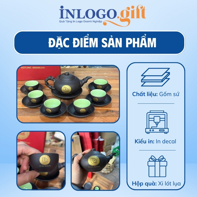 Bộ ấm chén in logo tử sa màu nâu đất dáng trúc đào 300ml