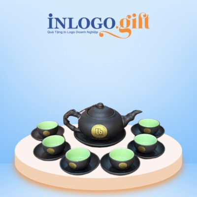 Bộ ấm chén in logo tử sa màu nâu đất dáng trúc đào 300ml