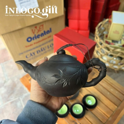 Bộ ấm chén in logo tử sa màu nâu đất dáng trúc đào 300ml