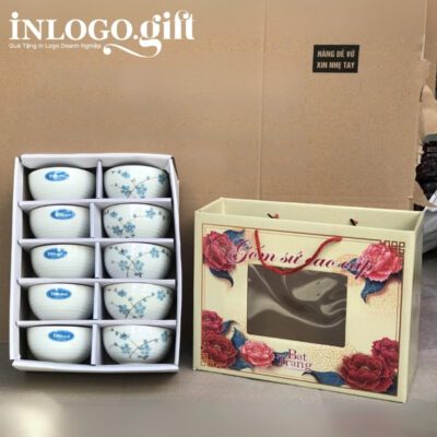 Bộ bát cơm in logo 10 món màu trắng hoạ tiết vẽ tay hoa mai xanh BBC-05