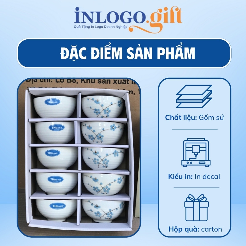 Bộ bát cơm in logo 10 món màu trắng hoạ tiết vẽ tay hoa mai xanh BBC-05