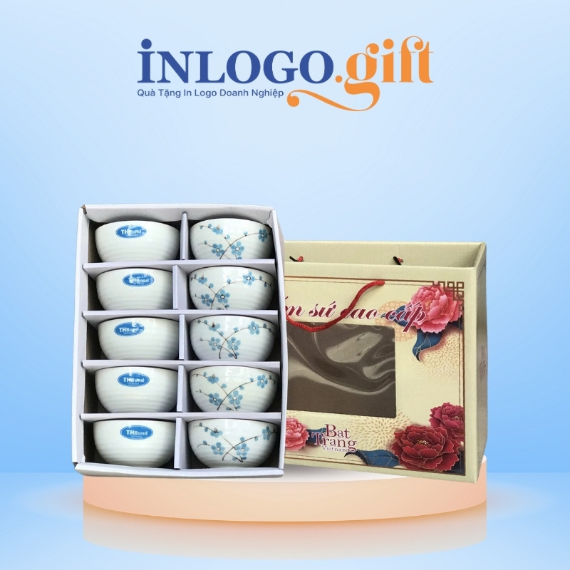 Bộ bát cơm in logo 10 món màu trắng hoạ tiết vẽ tay hoa mai xanh BBC-05