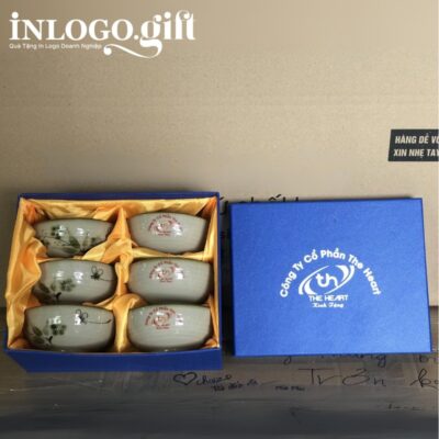 Bộ bát cơm in logo 6 món màu đất hoạ tiết vẽ tay hoa và chuồn chuồn BBC-07